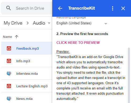 Obtener una vista previa de la transcripción